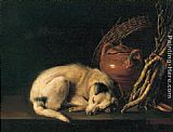 Sleeping Dog with Terracotta Jug, Basket and Kindling Wood by Gerrit Dou